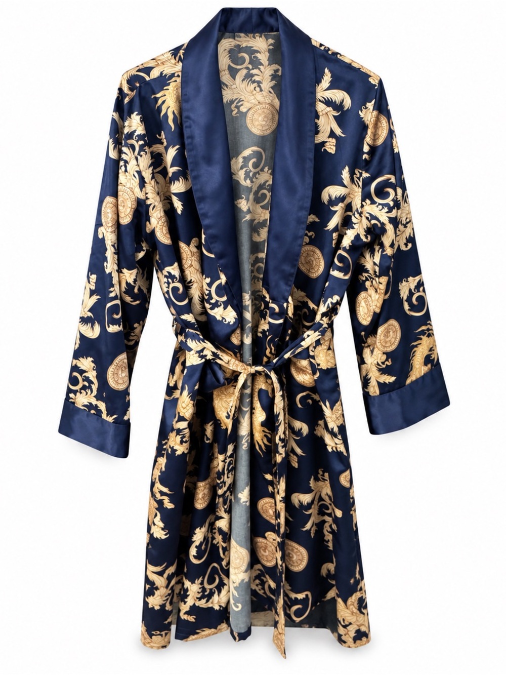 Navy Satin Robe with Gold Baroque Print